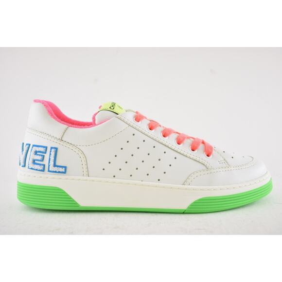Chanel Mens 20P White Multicolor Neon CC Logo Flat Runner Trainer Sneaker 44 11 - Picture 2 of 12